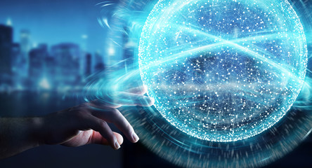 Businesswoman using digital network connection sphere 3D rendering