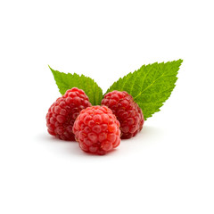 Photo of fresh red raspberry with leaves isolated on white background