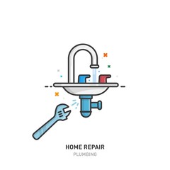 Home repair logo. Plumbing and water pipes. Line design. Vector illustration.