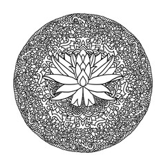 Abstract mandala ornament. Asian pattern with lotus flower. Black and white authentic background. Vector illustration.