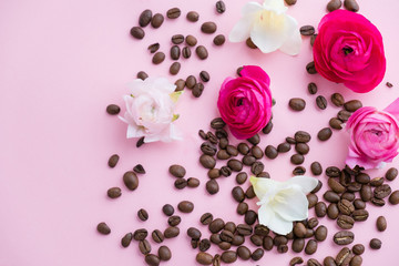 coffee concept flat lay top view of coffee , flower on pastel pink color background. sweet lady, spring morning