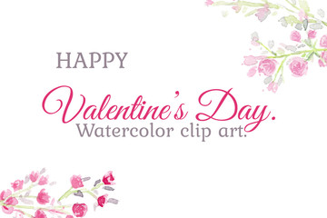 Fototapeta na wymiar Love in Valentine's Day. Watercolor clip art with pink rose. The image is illustration for card.