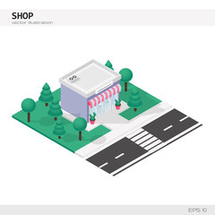 Isometric Shop Building. Vector icon or infographic element