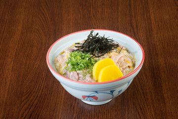 japanese cuisine. fried chicken rice on the background
