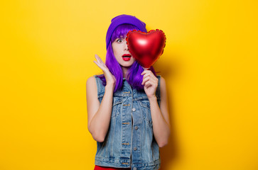 girl with purple hair and heart shape balloon