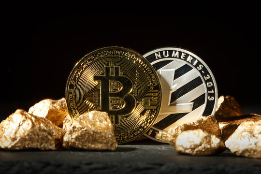 Golden Bitcoin Coin and mound of gold. Bitcoin cryptocurrency. 