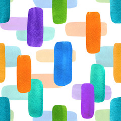 Abstract geometric seamless pattern with colorful blobs. Vintage style watercolor background on white. For paper, textile, decoration and wrapping.