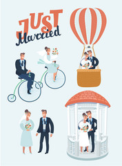 Vector funny cartoon illustration of Happy Newlyweds Scenes