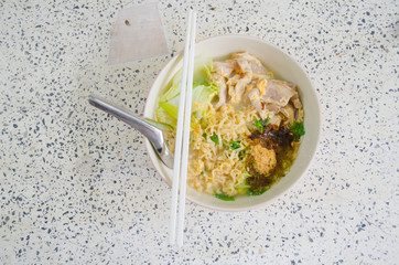 Noodles in a bowl, In top view, Copy space