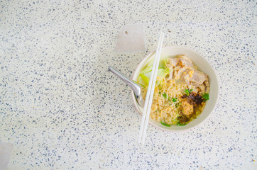 Noodles in a bowl, In top view, Copy space