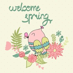 Card with cartoon owl in bright colors. Welcome spring.