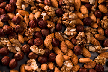 Background of nuts. Mix of hazelnut, walnut, almonds