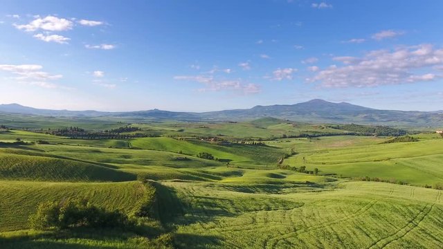 Tuscany aerial landscape of farmland hill country. Italy, Europe, 4k
