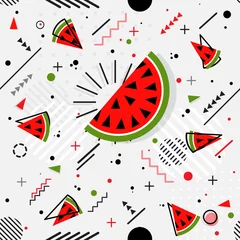 Fototapete Wassermelone Trendiges nahtloses, geometrisches Muster der Wassermelone im Memphis-Stil, Vektor