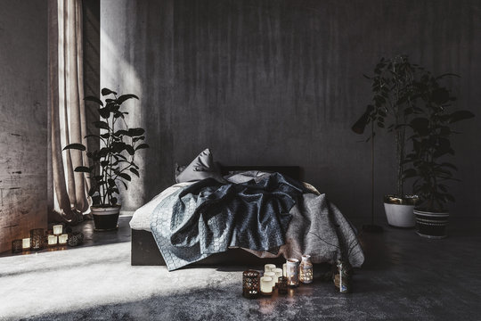 Messy Bed In A Monochromatic Grey Loft Bedroom