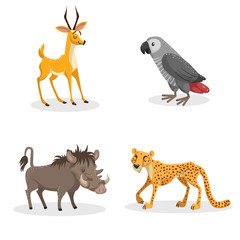 Cartoon trendy style african animals set. Pig warthog, grey parrot, cheetah and antelope gazelle. Closed eyes and cheerful mascots. Vector wildlife illustrations.