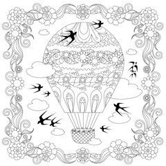 Anti stress abstract balloon, clouds, flying swallow, square flowering frame hand drawn monochrome vector illustration