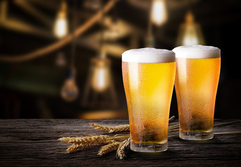 Glasses of light beer with barley at bar. Two glass of beer with wheat on wooden table