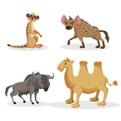 Cartoon trendy style african animals set. Hyena, wildebeest, meerkat and bactrian camel . Closed eyes and cheerful mascots. Vector wildlife illustrations.