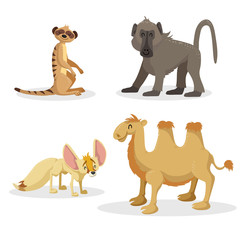 Cartoon trendy style african animals set. Baboon monkey, fennec fox, meerkat and bactrian camel . Closed eyes and cheerful mascots. Vector wildlife and zoo illustrations.