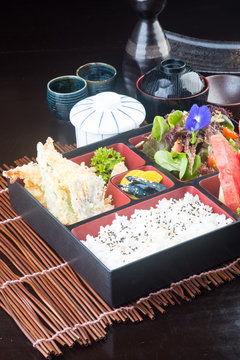 japanese cuisine. lunch box set on the background