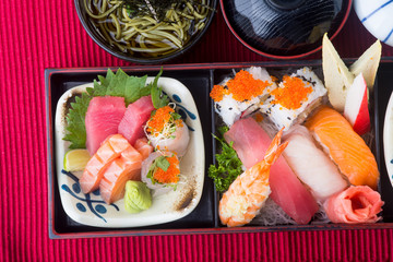japanese cuisine. lunch box set on the background