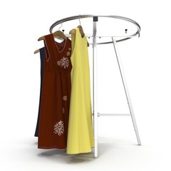 Empty Round Clothing Rack with Dresses on white. 3D illustration