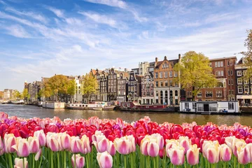 Foto op Canvas De stadshorizon van Amsterdam bij kanaalwaterkant met de bloem van de de lentetulp, Amsterdam, Nederland © Noppasinw
