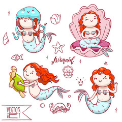 Set of four cute mermaids with other sea animals. Vector isolated underwater characters collection.