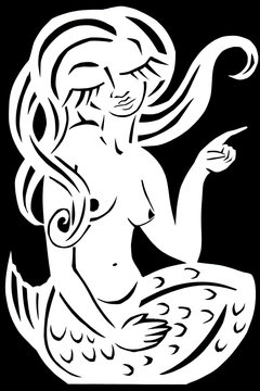 The work is carved from black and white paper,the image of the fairy tale of a mermaid with long hair and huge closed eyes with eyelashes.Art cut.