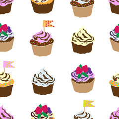 Desserts - simple seamless pattern with color cupcakes