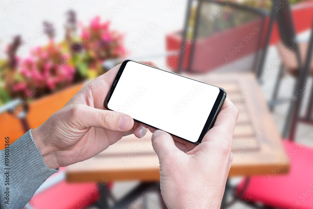 Poster man hold smart phone in horizontal position with isolated screen for mockup, app, video, game design