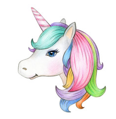  Cute, magic unicorn portrait, isolated on white. © rvika