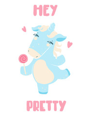 Cute unicorn with lollipop in Scandinavian style with hey pretty handwritten inscription. Vector cartoon illustration.