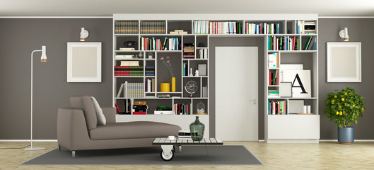 Modern living room with bookcase
