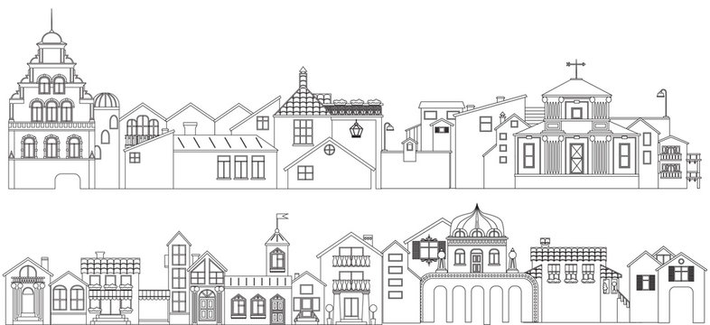 Outline set of old town streets buildings. Vector collection of contour townhouses.