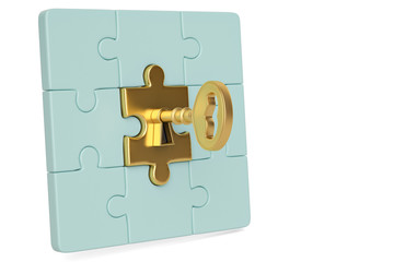 Golden key and puzzle pieces on white background.3D illustration.