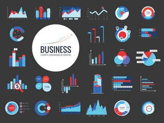 Business data market elements dot bar pie charts diagrams and graphs flat icons set isolated vector illustration.