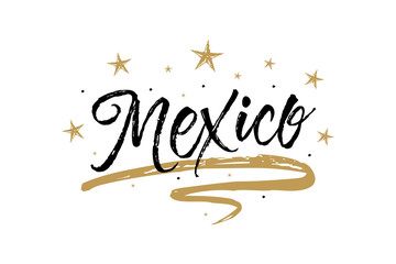 Mexico. Name country word text card, banner script. Beautiful typography inscription greeting calligraphy poster black, gold ribbon, star. Handwritten design modern brush lettering isolated vector.