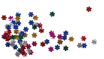 Colorful flower confetti isolated on white background, top view