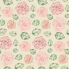 Beautiful hand drawn vintage seamless pattern with outline scratched pink roses and green leaves on beige background. Romantic retro flowers texture for textile, wrapping paper, surface, wallpaper