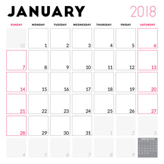 Calendar planner for January 2018. Week starts on Sunday. Printable vector design template. Stationery design