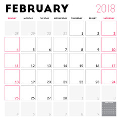 Calendar planner for February 2018. Week starts on Sunday. Printable vector design template. Stationery design