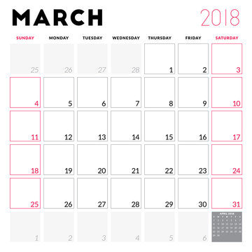 Calendar planner for March 2018. Week starts on Sunday. Printable vector design template. Stationery design