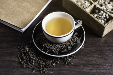 Tea on wood background.