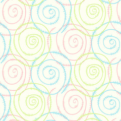 Fototapeta premium Pastel light kids seamless pattern with hand drawn round swirl wire spirals. Abstract tender texture with round spiral elements for background, textile, wrapping paper, cover, surface, wallpaper