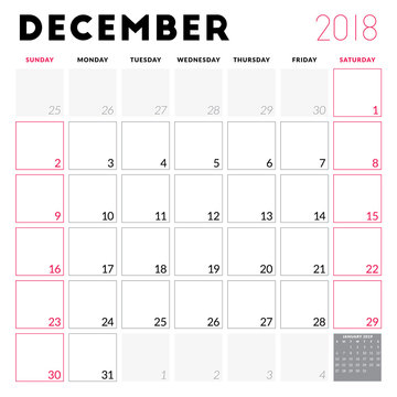 Calendar planner for December 2018. Week starts on Sunday. Printable vector design template. Stationery design
