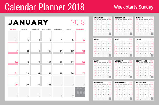 Calendar planner for 2018 year. Week starts on Sunday. Printable vector design template. Stationery design