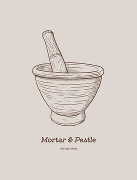 Mortar And Pestle, Sketch Vector.