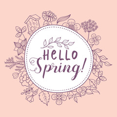 Hello, spring! Bird nests and spring flowers. Vector illustration.